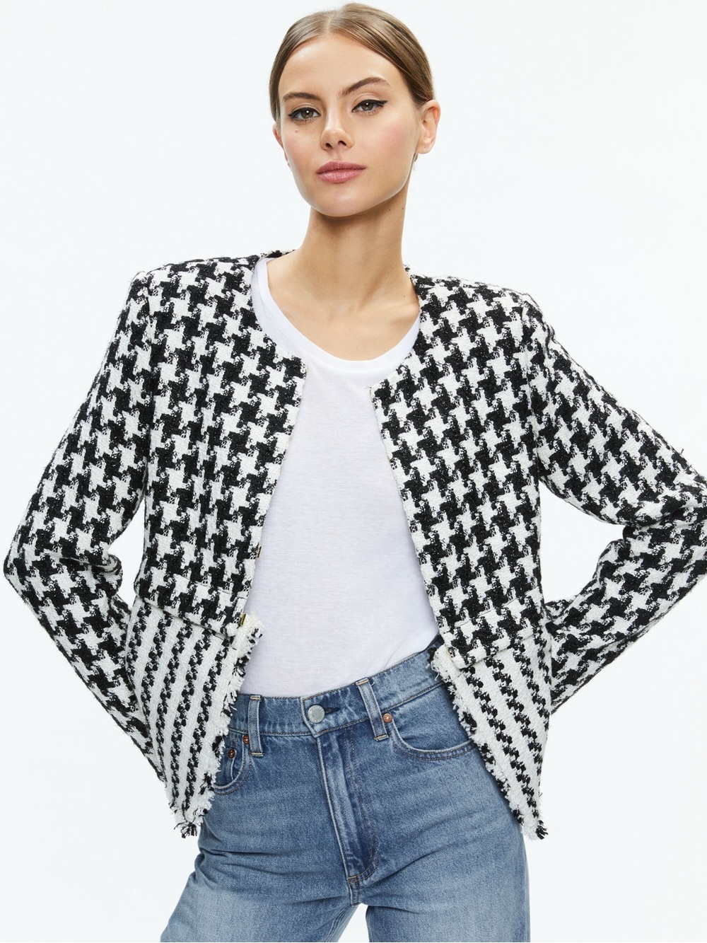 NWT $595 Alice Olivia Kidman Two Fer Boxy Raw-Edge Tweed Jacket